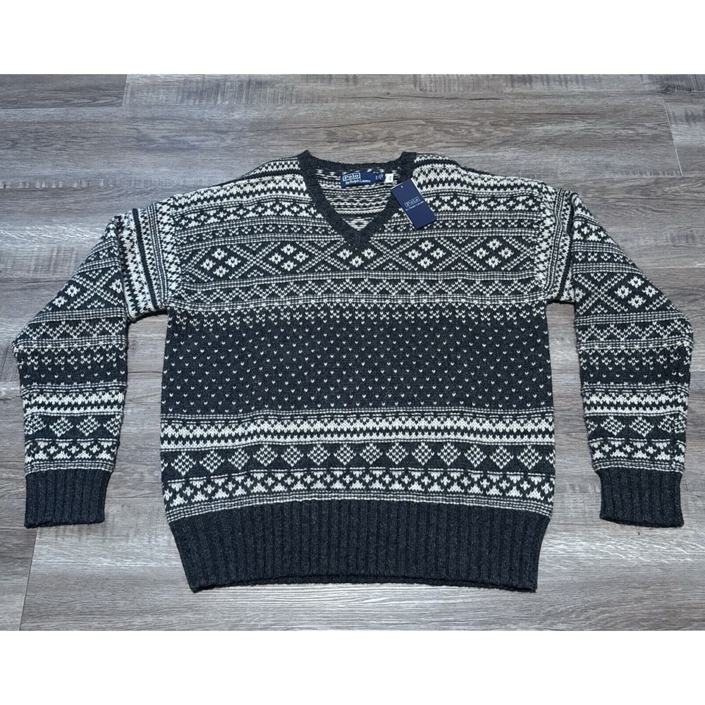 NEW Polo Ralph Lauren Gray V-Neck Fair Isle Wool Sweater Dartmouth Men's Large L